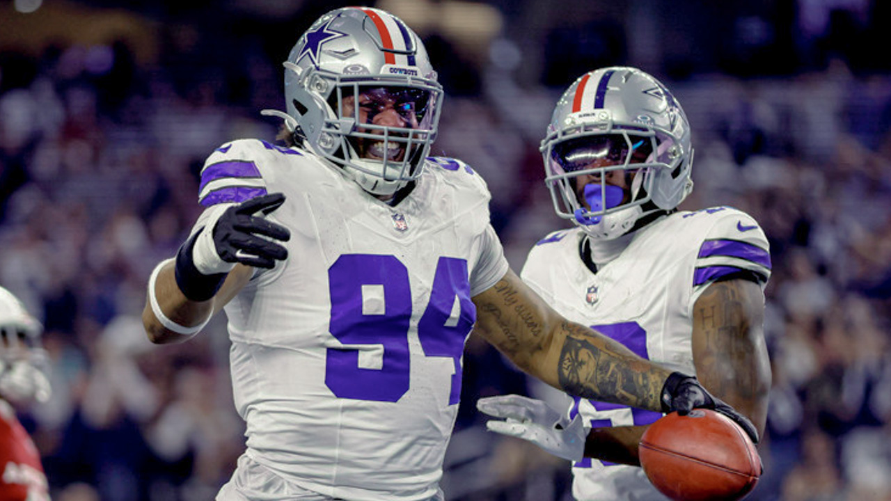 Dallas Cowboys defensive end Marshawn Kneeland (94) celebrates recovering a blocked punt for a touchdown during the game against the Arizona Cardinals