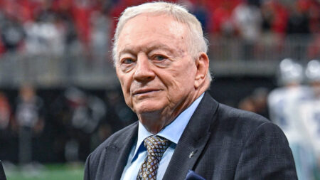 Dallas owner Jerry Jones looks on prior to the start of an NFL game between the Dallas Cowboys and the Atlanta Falcons on Nov. 3, 2024 ,at Mercedes-Benz Stadium in Atlanta, Ga.