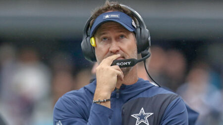 Dallas Cowboys coach Brian Schottenheimer during an NFL football game against the Carolina Panthers at Bank of America Stadium in Charlotte, N.C.