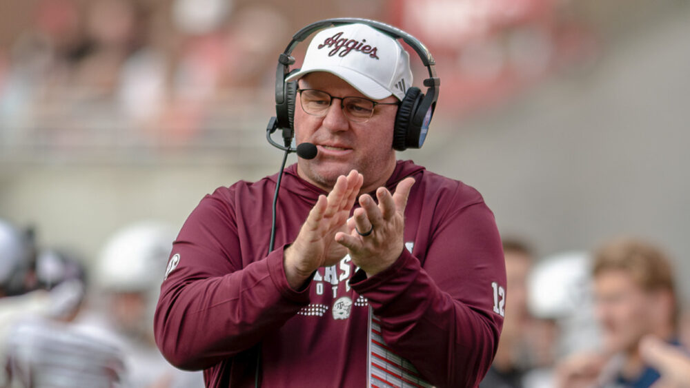Texas A&M coach Mike Elko on the sidelines against Arkansas
