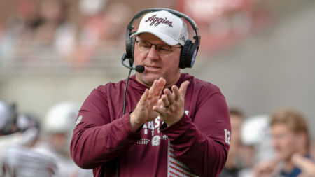 Texas A&M coach Mike Elko on the sidelines against Arkansas