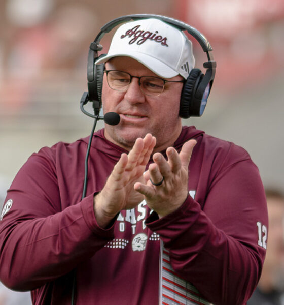 Texas A&M coach Mike Elko on the sidelines against Arkansas