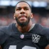 Las Vegas Raiders defensive end Charles Snowden (49) walks off of the field before a NFL game against the Cleveland Browns