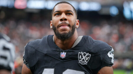 Las Vegas Raiders defensive end Charles Snowden (49) walks off of the field before a NFL game against the Cleveland Browns